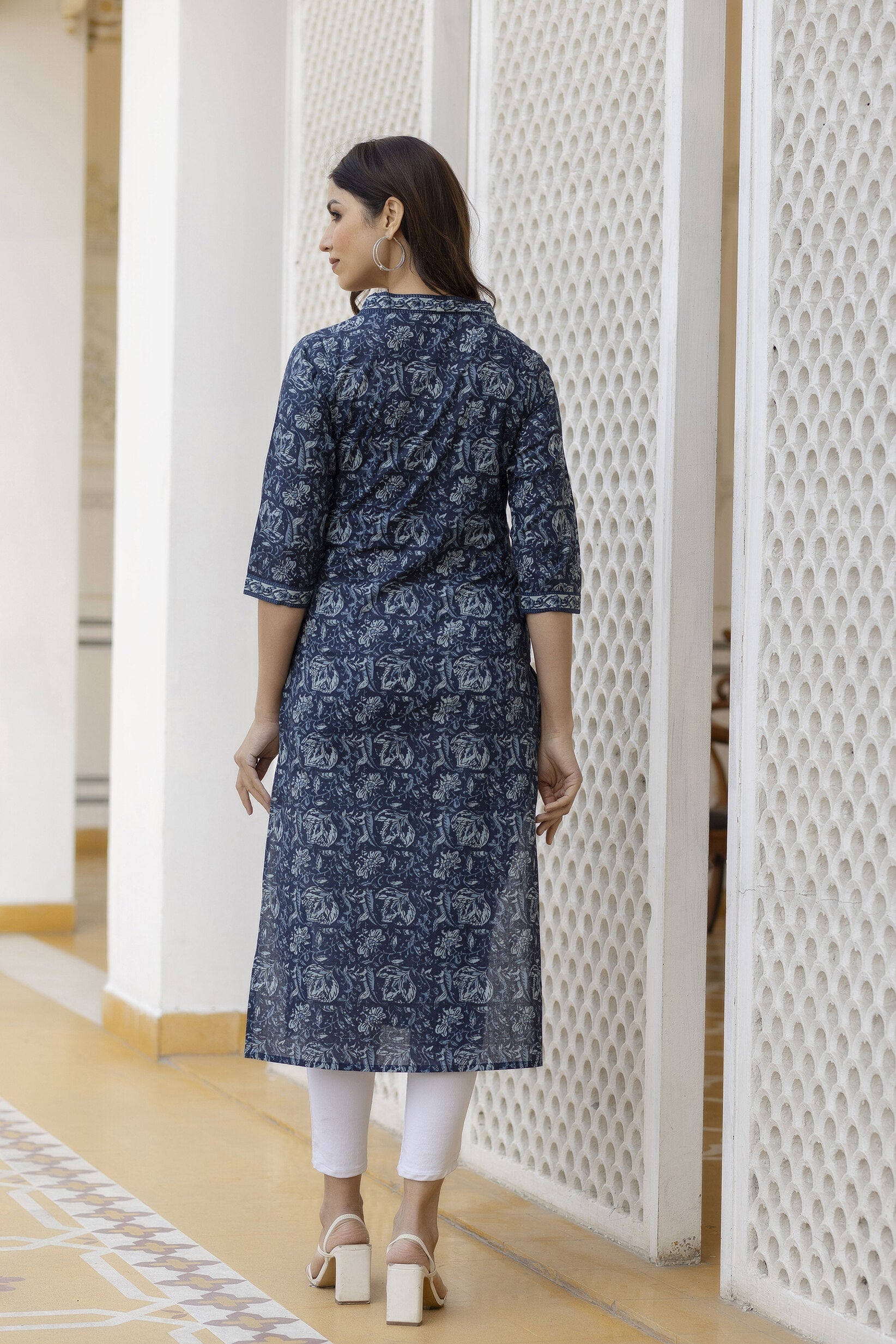 Women Navy Blue Floral Printed Straight Kurta With Three Quarter Sleeves | LASVINI - Redefining Indian Fashion with Elegance