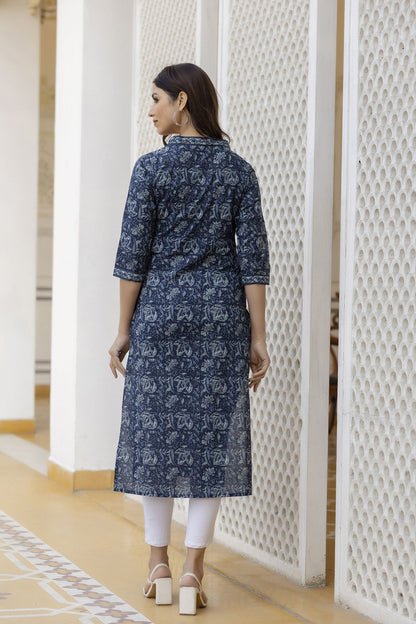Women Navy Blue Floral Printed Straight Kurta With Three Quarter Sleeves | LASVINI - Redefining Indian Fashion with Elegance