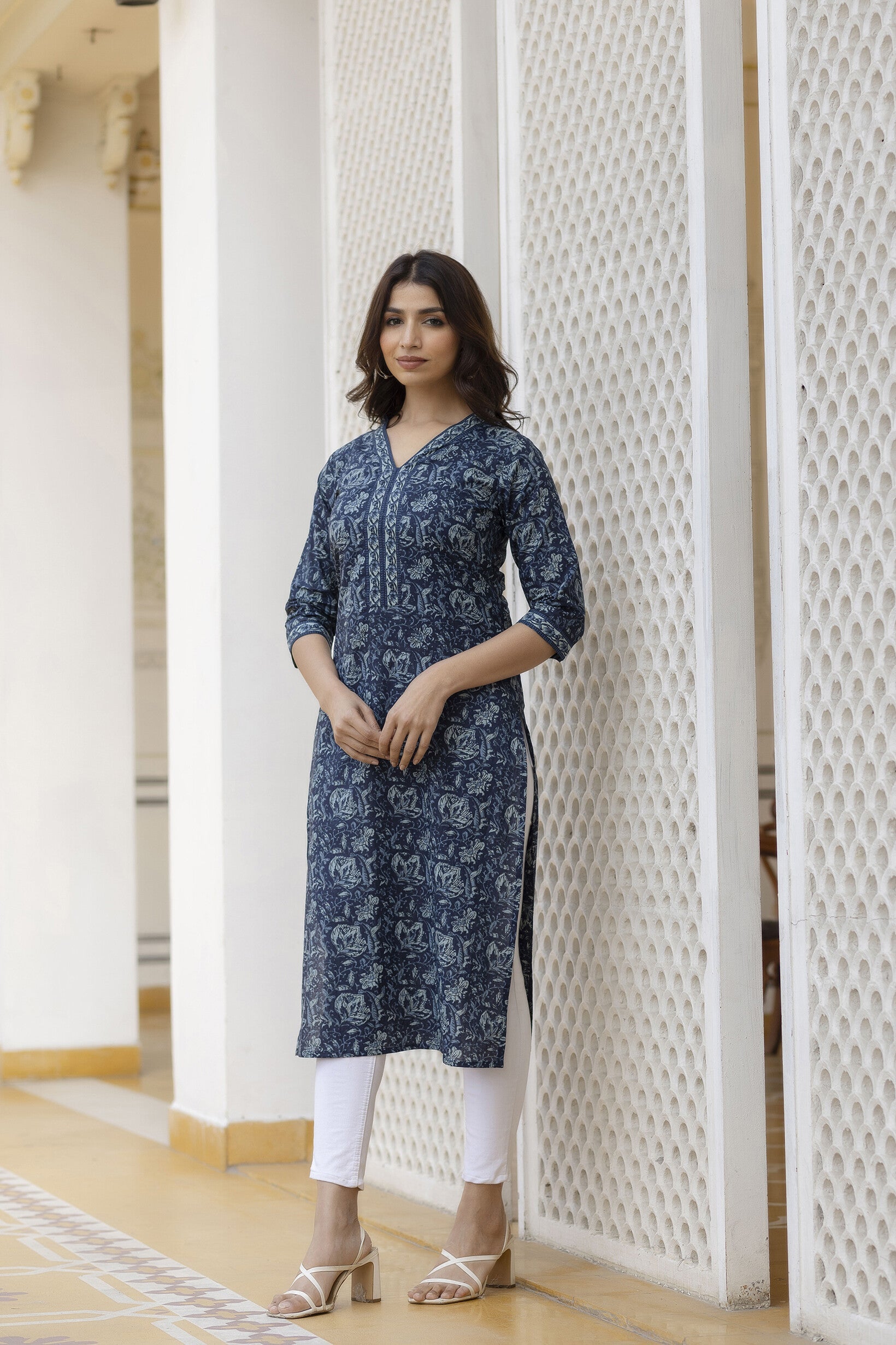 Women Navy Blue Floral Printed Straight Kurta With Three Quarter Sleeves | LASVINI - Redefining Indian Fashion with Elegance