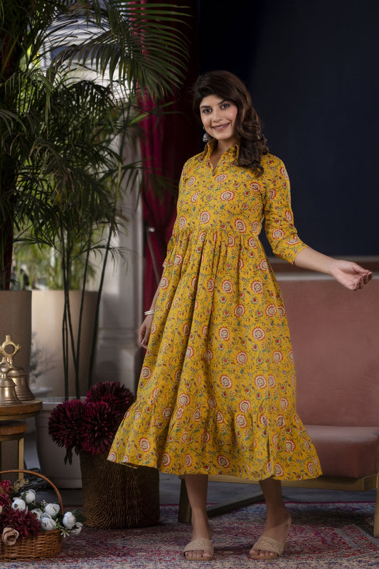 Women Yellow Floral Printed Flared Dress | LASVINI - Redefining Indian Fashion with Elegance