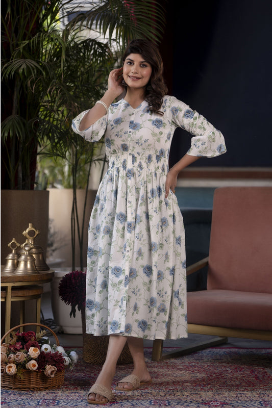 Women White Floral Printed Flared Dress | LASVINI - Redefining Indian Fashion with Elegance