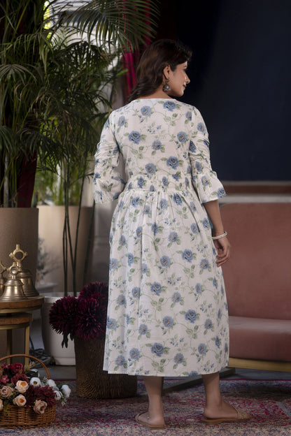 Women White Floral Printed Flared Dress | LASVINI - Redefining Indian Fashion with Elegance