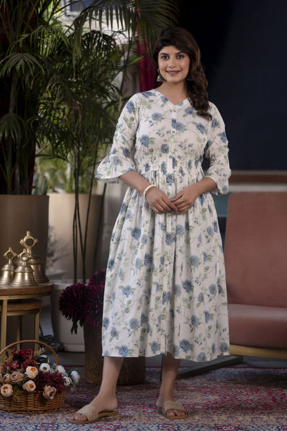Women White Floral Printed Flared Dress | LASVINI - Redefining Indian Fashion with Elegance