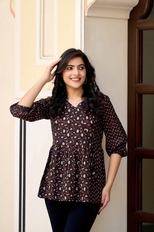 Women Black Printed V-Neck Peplum Tunic | LASVINI - Redefining Indian Fashion with Elegance