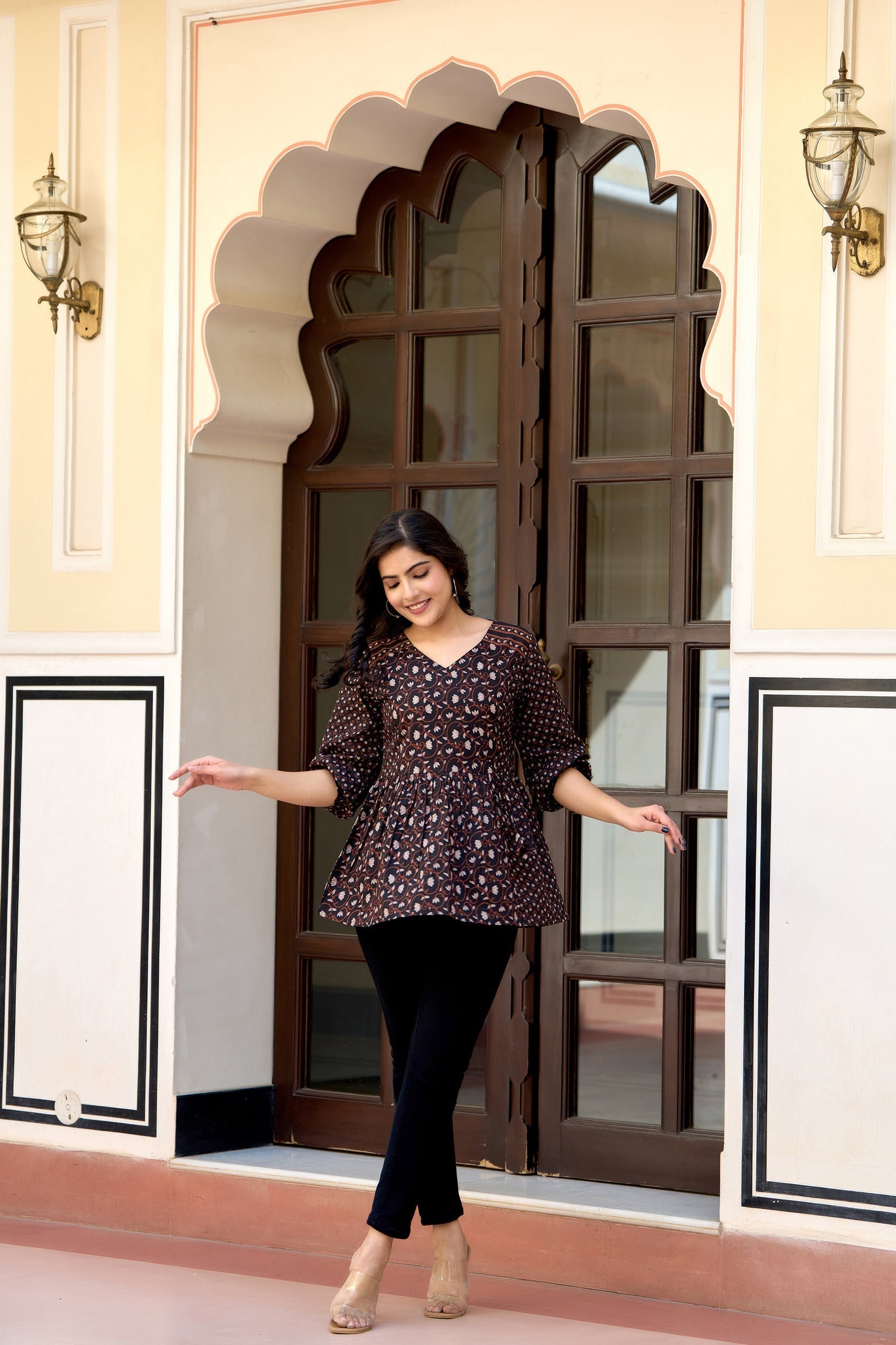 Women Black Printed V-Neck Peplum Tunic | LASVINI - Redefining Indian Fashion with Elegance