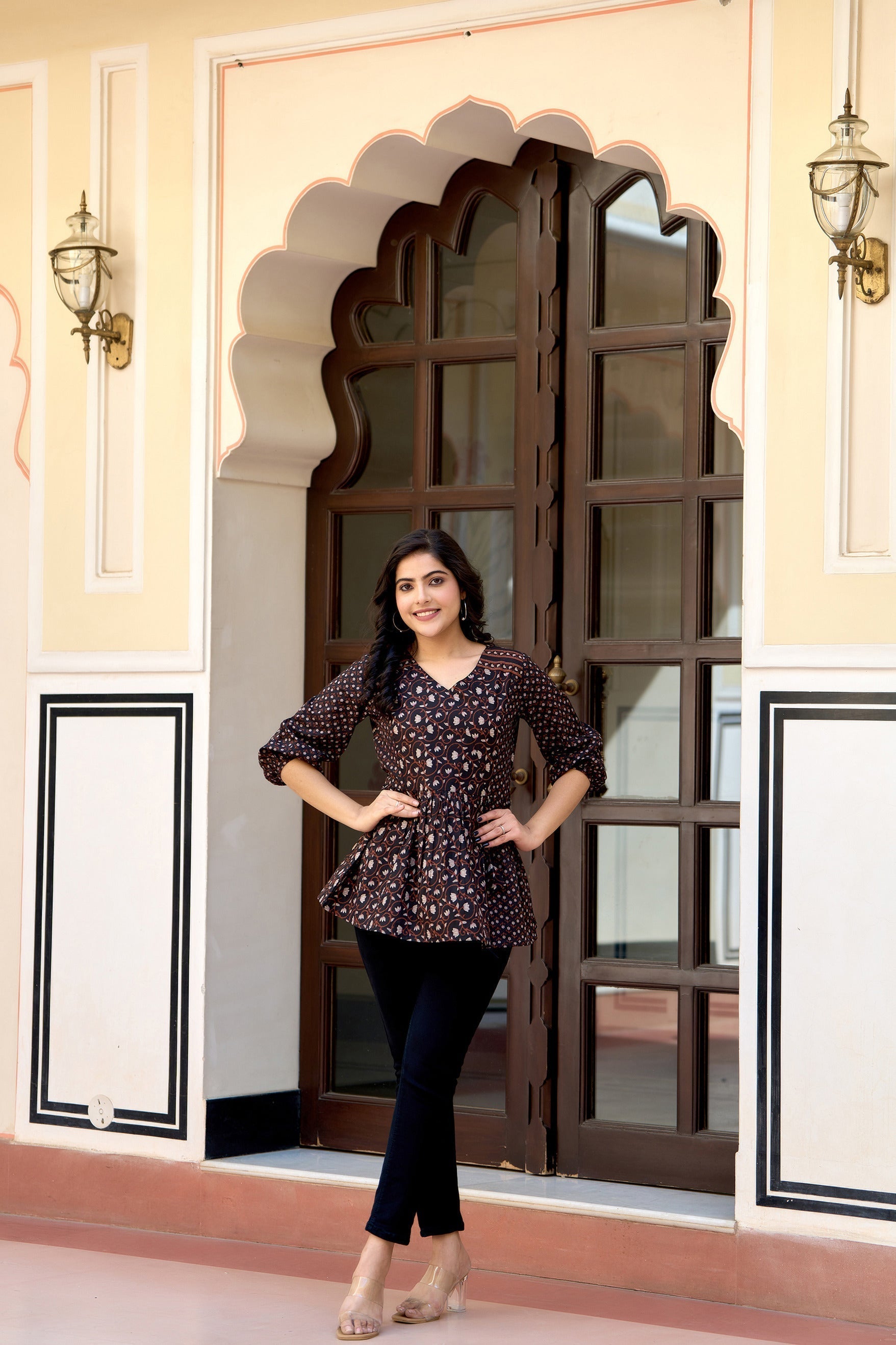 Women Black Printed V-Neck Peplum Tunic | LASVINI - Redefining Indian Fashion with Elegance