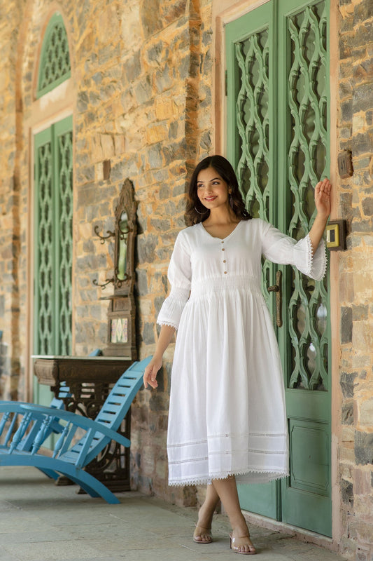 Women White Colore Vintage Look Dress | LASVINI - Redefining Indian Fashion with Elegance