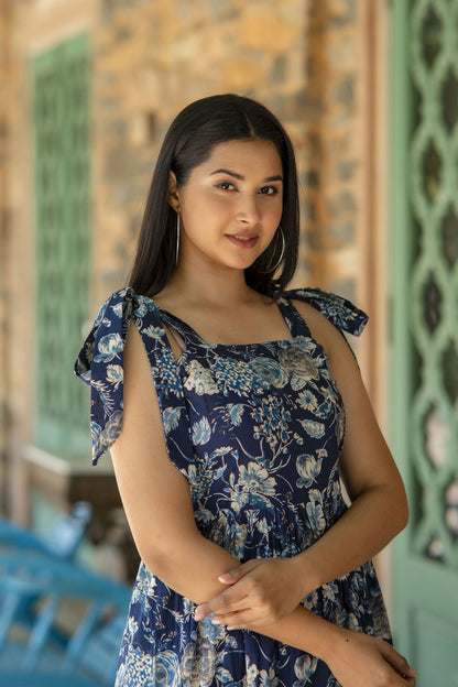 Women Navy Blue Floral Printed Sleeveless Dress | LASVINI - Redefining Indian Fashion with Elegance