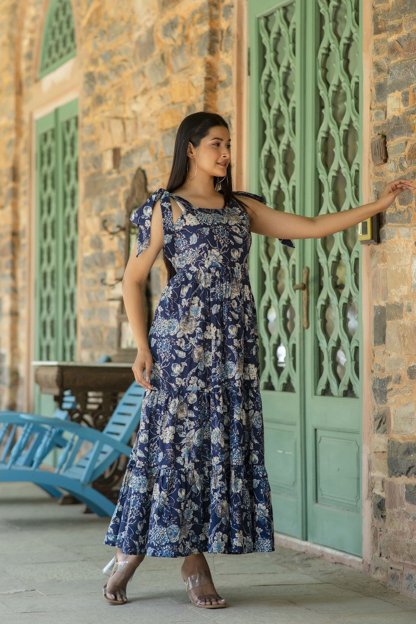 Women Navy Blue Floral Printed Sleeveless Dress | LASVINI - Redefining Indian Fashion with Elegance
