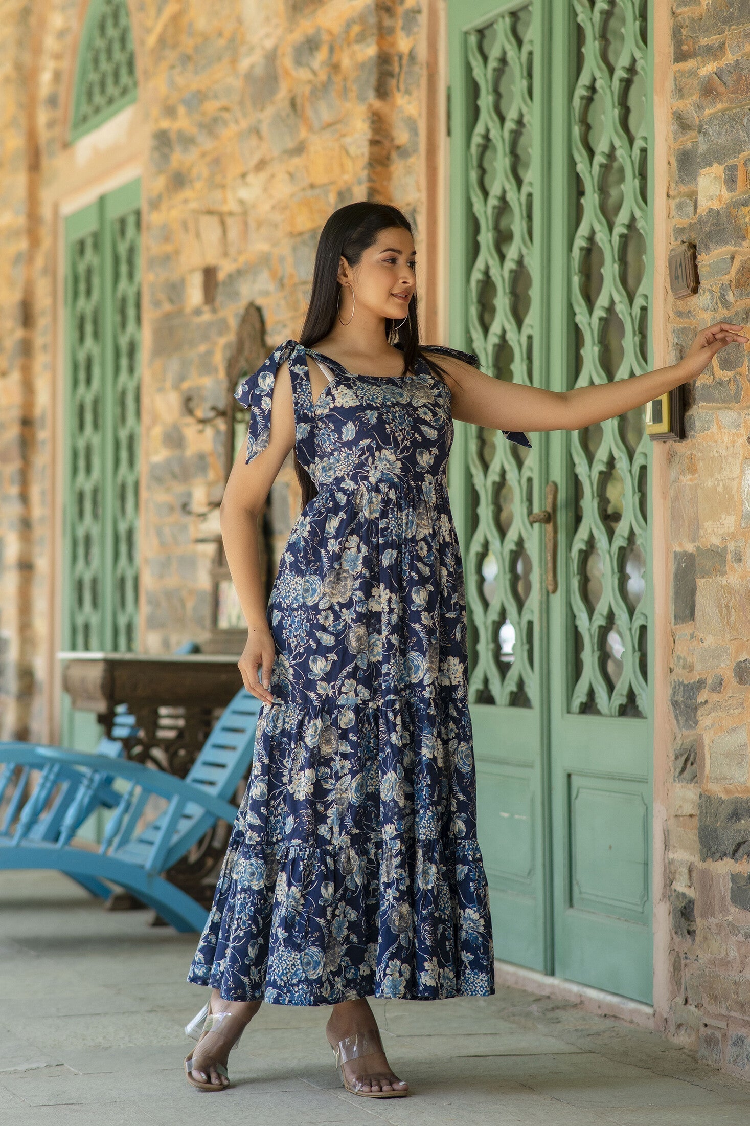 Women Navy Blue Floral Printed Sleeveless Dress | LASVINI - Redefining Indian Fashion with Elegance