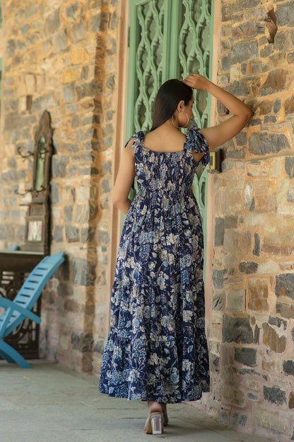 Women Navy Blue Floral Printed Sleeveless Dress | LASVINI - Redefining Indian Fashion with Elegance