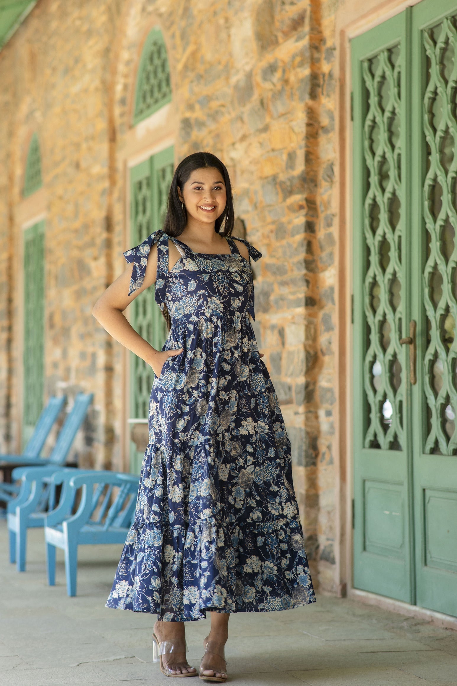 Women Navy Blue Floral Printed Sleeveless Dress | LASVINI - Redefining Indian Fashion with Elegance