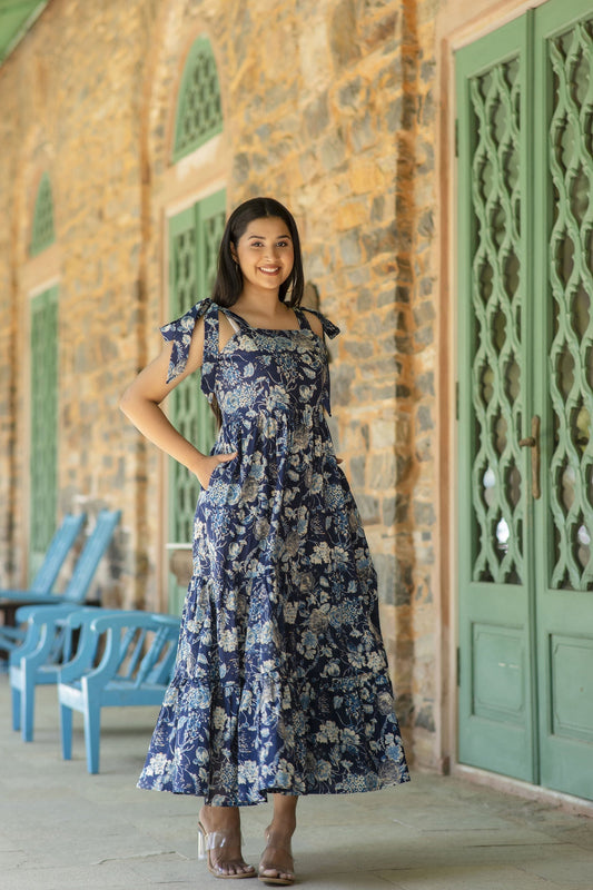Women Navy Blue Floral Printed Sleeveless Dress | LASVINI - Redefining Indian Fashion with Elegance