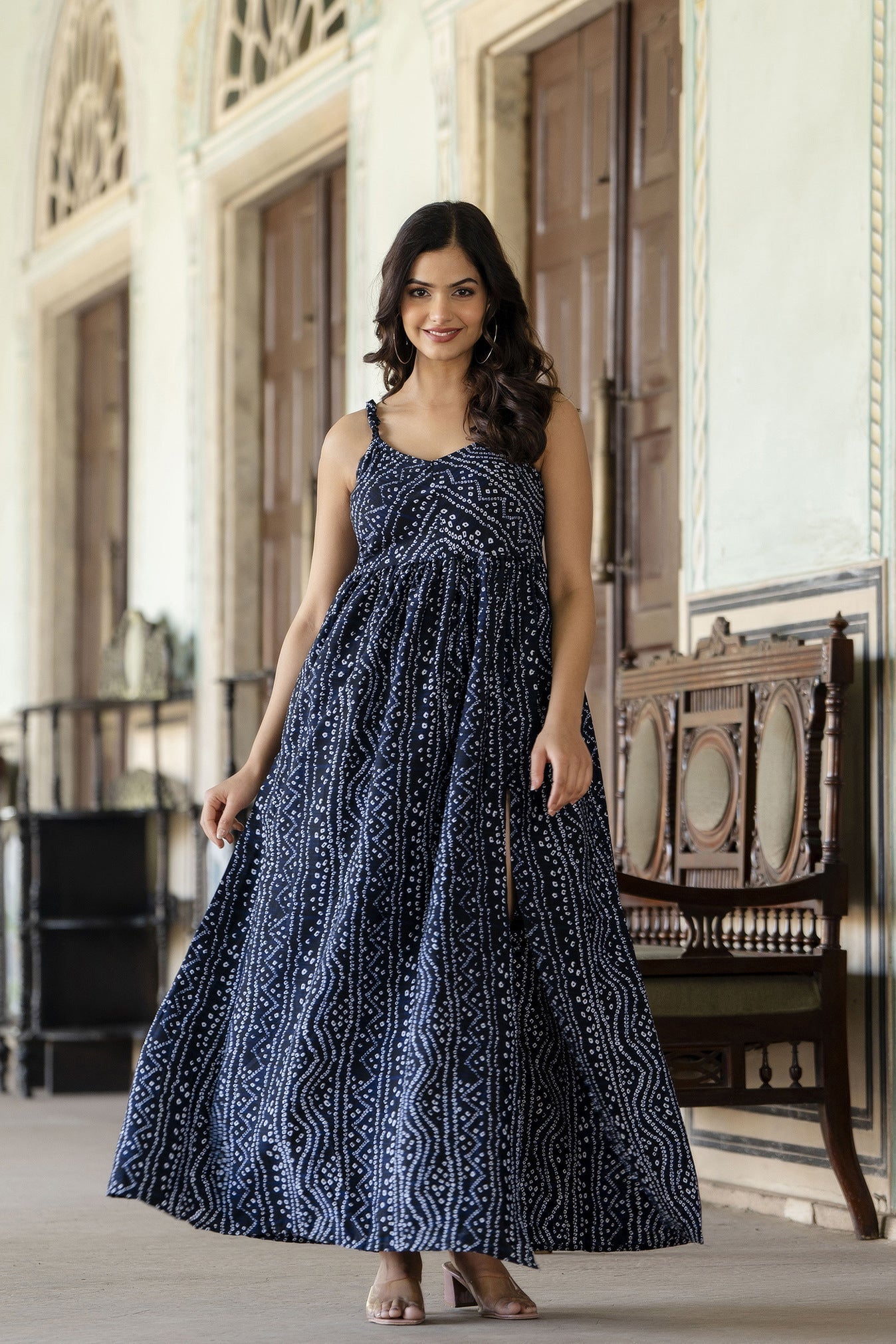 Women Navy Blue Bandhani Printed Sleeveless Dress | LASVINI - Redefining Indian Fashion with Elegance