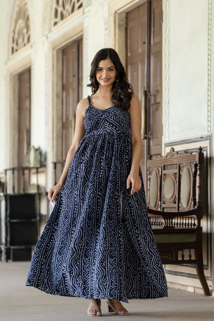 Women Navy Blue Bandhani Printed Sleeveless Dress | LASVINI - Redefining Indian Fashion with Elegance