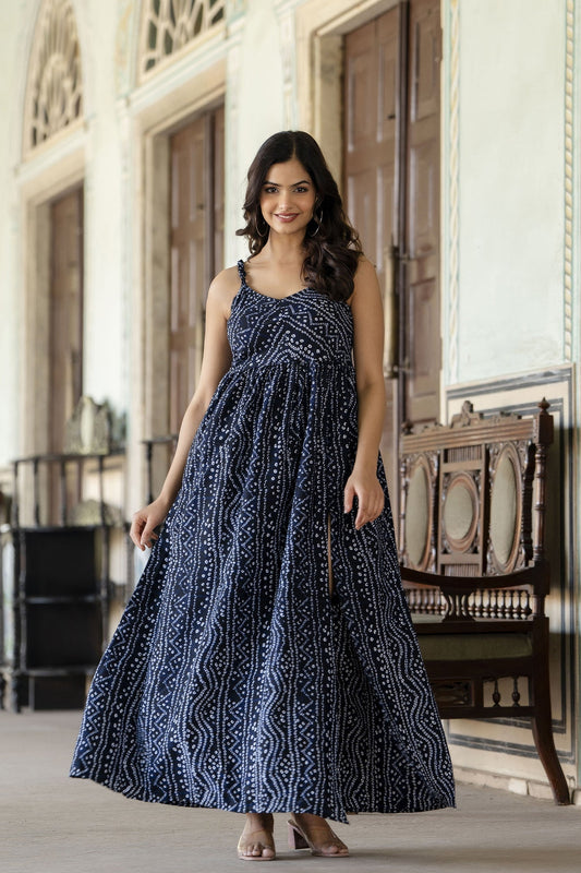 Women Navy Blue Bandhani Printed Sleeveless Dress | LASVINI - Redefining Indian Fashion with Elegance