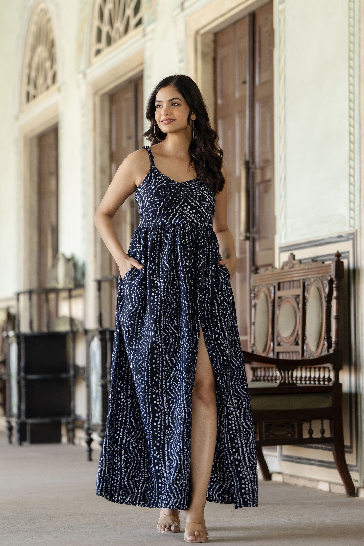 Women Navy Blue Bandhani Printed Sleeveless Dress | LASVINI - Redefining Indian Fashion with Elegance