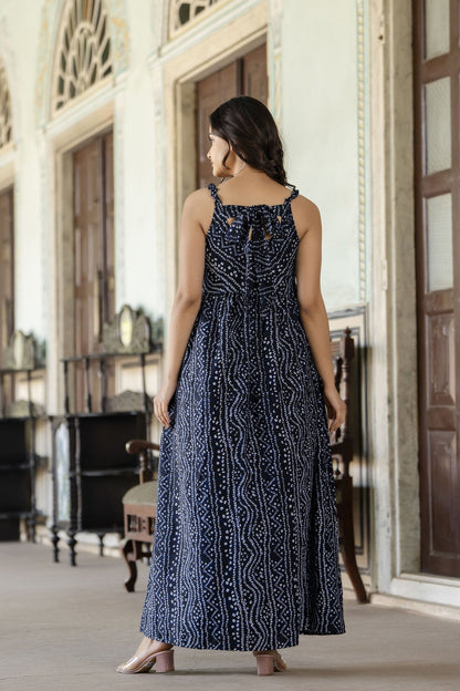 Women Navy Blue Bandhani Printed Sleeveless Dress | LASVINI - Redefining Indian Fashion with Elegance