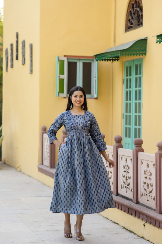 Women Grey Ethnic Printed Flared Dress | LASVINI - Redefining Indian Fashion with Elegance