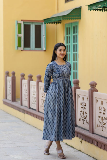 Women Grey Ethnic Printed Flared Dress | LASVINI - Redefining Indian Fashion with Elegance