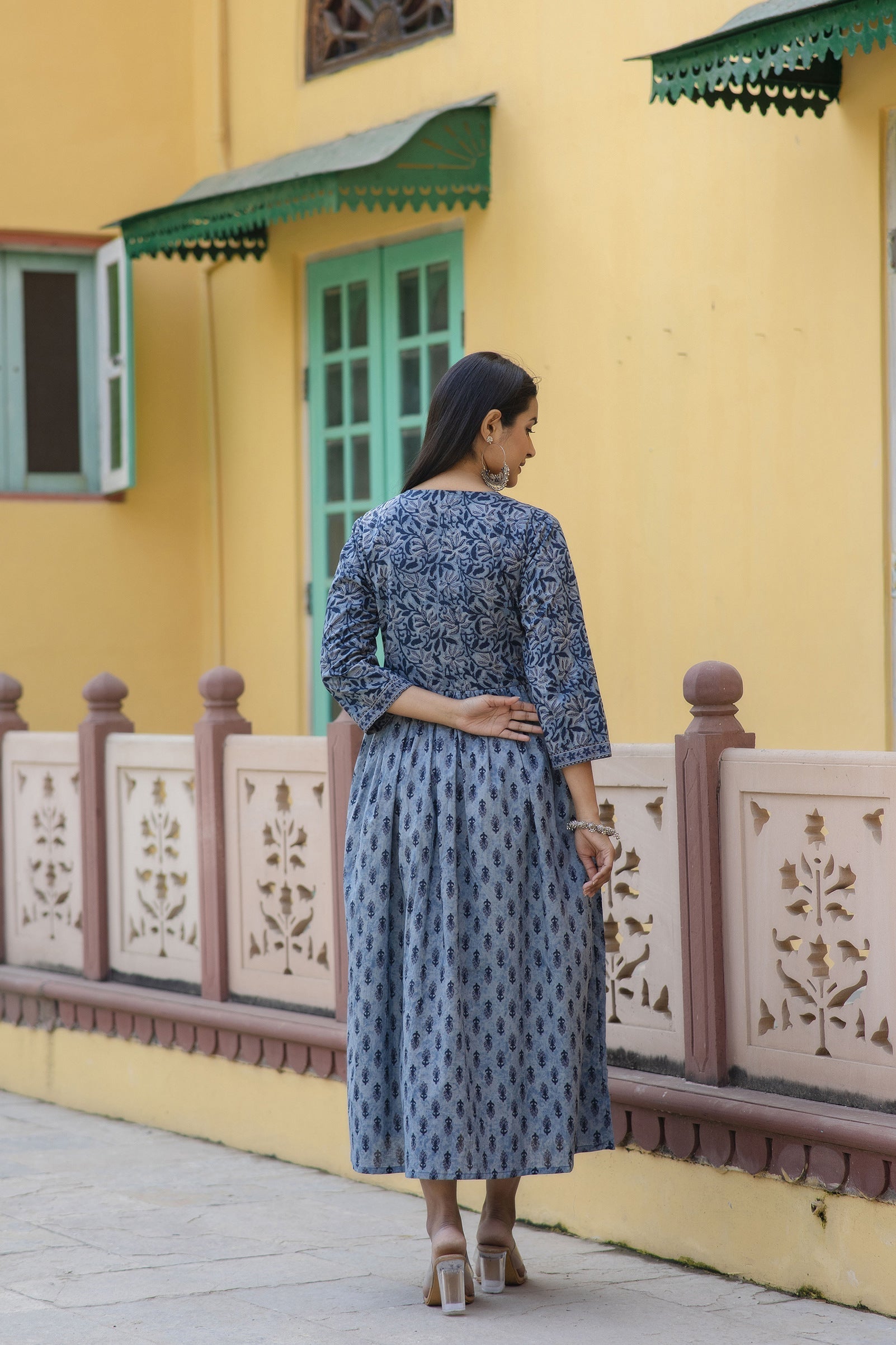 Women Grey Ethnic Printed Flared Dress | LASVINI - Redefining Indian Fashion with Elegance