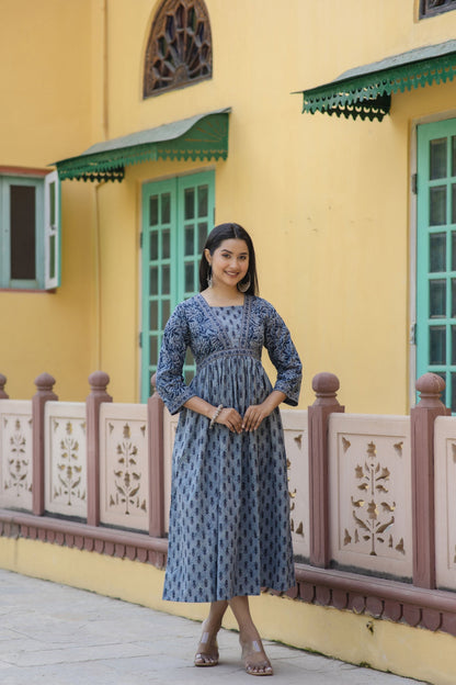 Women Grey Ethnic Printed Flared Dress | LASVINI - Redefining Indian Fashion with Elegance