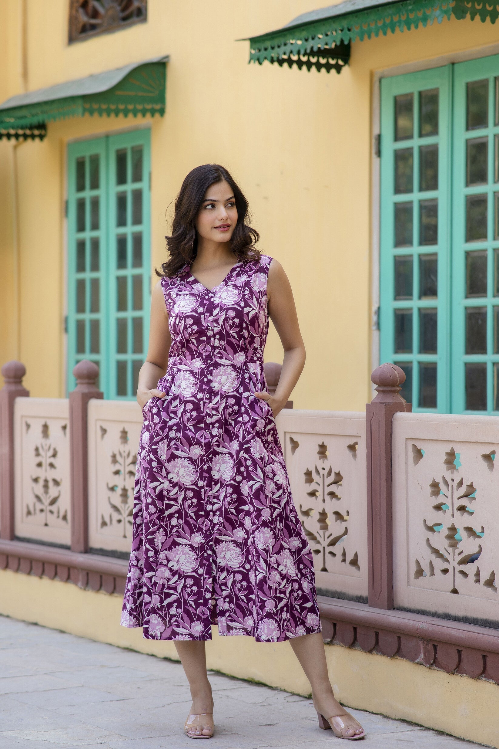 Women Purple Abstract Printed Sleeveless Midi Dress | LASVINI - Redefining Indian Fashion with Elegance