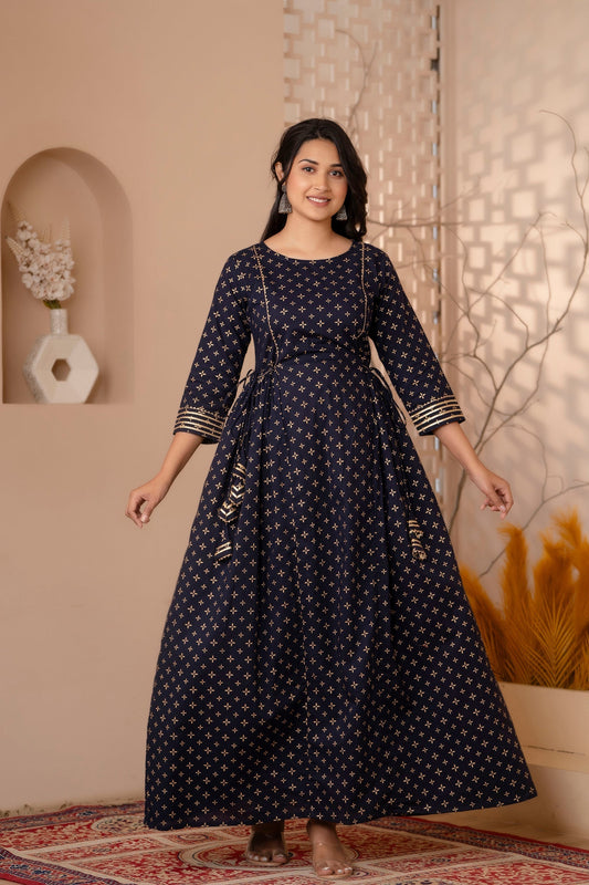 Women Navy Blue Gold Printed Flared Dress With Three Quarter Sleeves | LASVINI - Redefining Indian Fashion with Elegance