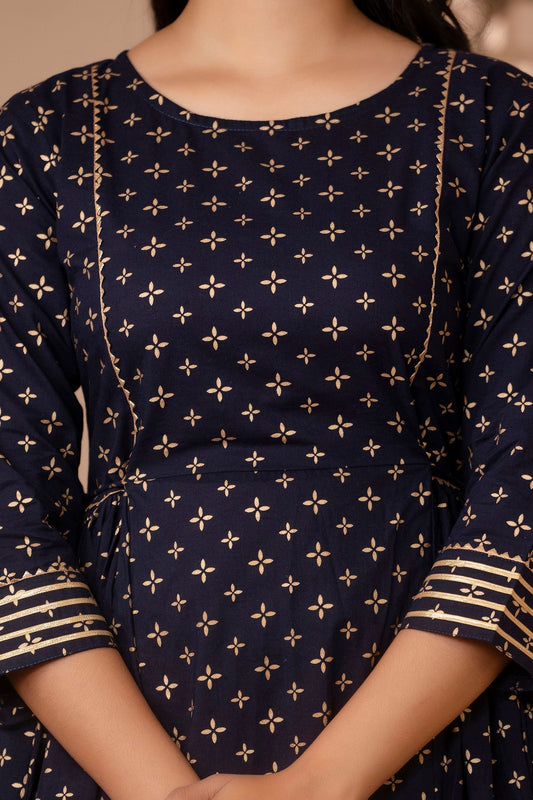 Women Navy Blue Gold Printed Flared Dress With Three Quarter Sleeves | LASVINI - Redefining Indian Fashion with Elegance