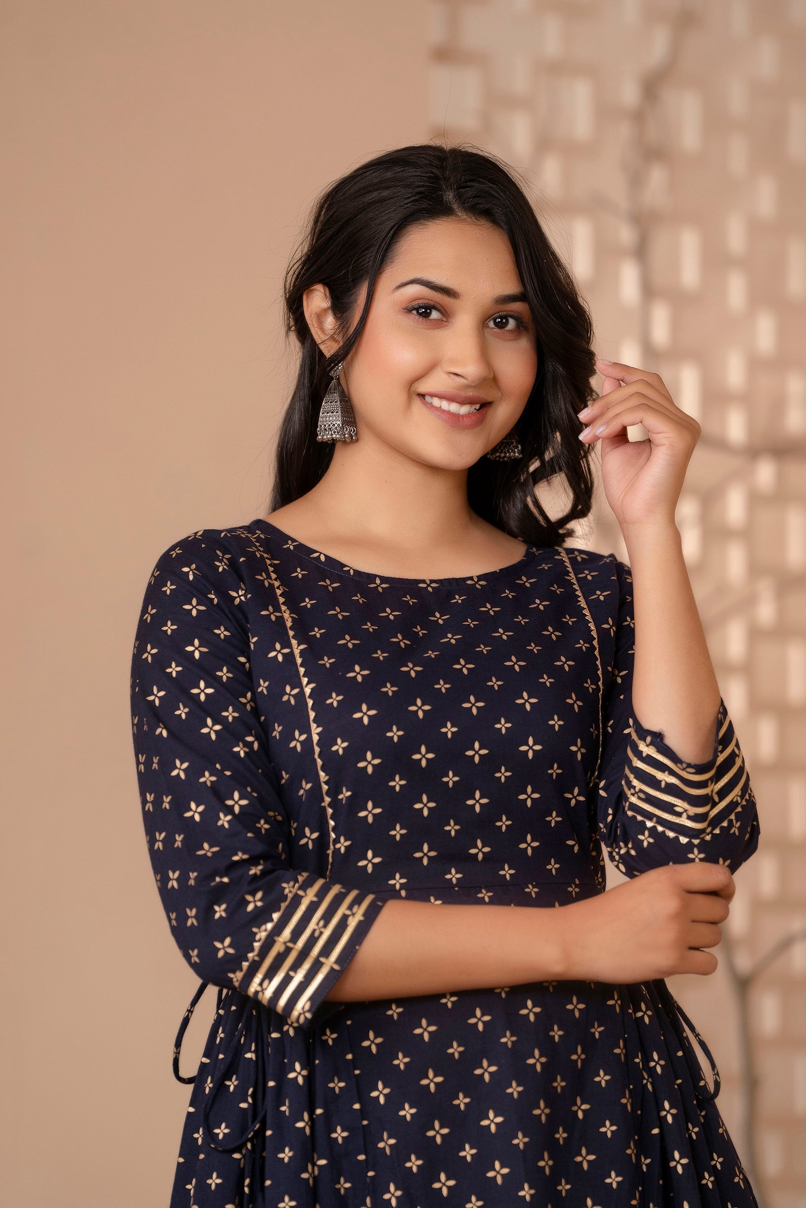 Women Navy Blue Gold Printed Flared Dress With Three Quarter Sleeves | LASVINI - Redefining Indian Fashion with Elegance