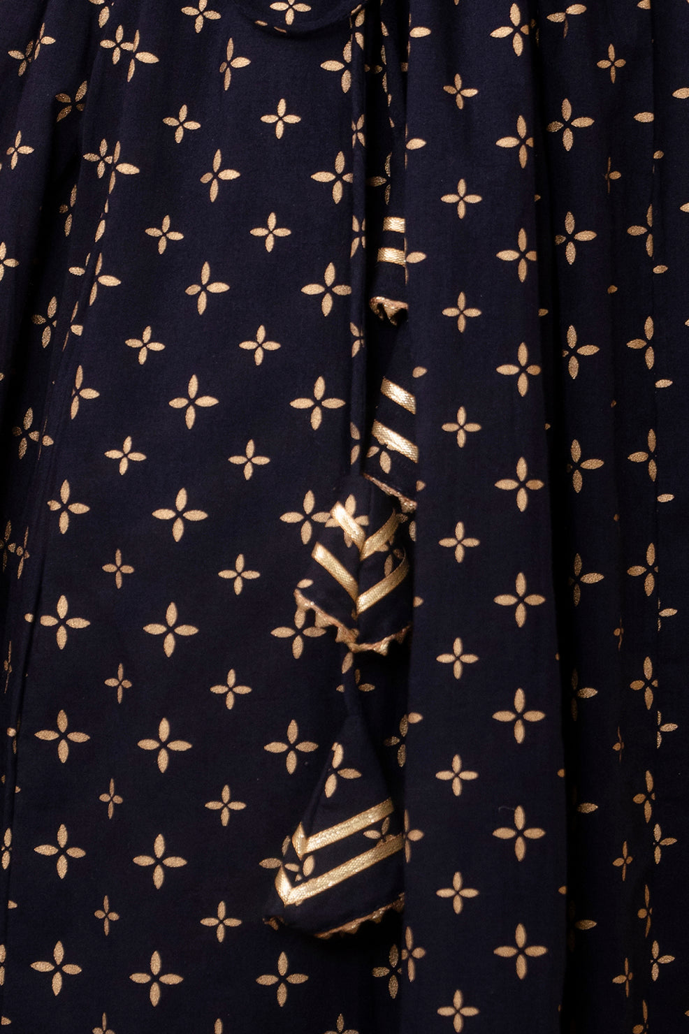 Women Navy Blue Gold Printed Flared Dress With Three Quarter Sleeves | LASVINI - Redefining Indian Fashion with Elegance