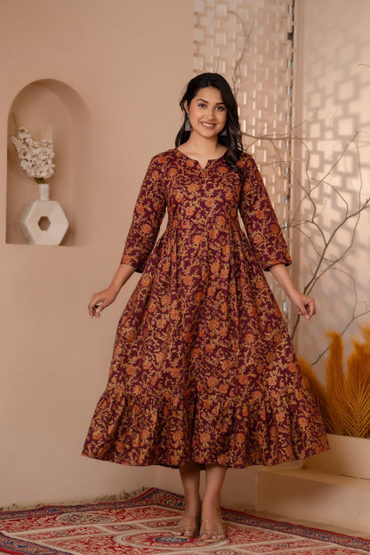 Women Burgundy Gold Printed Floral Print Tiare Dress | LASVINI - Redefining Indian Fashion with Elegance