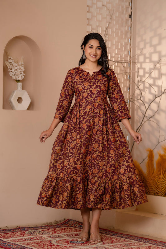Women Burgundy Gold Printed Floral Print Tiare Dress | LASVINI - Redefining Indian Fashion with Elegance