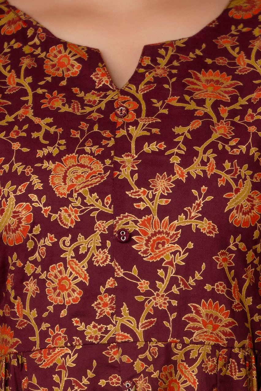Women Burgundy Gold Printed Floral Print Tiare Dress | LASVINI - Redefining Indian Fashion with Elegance