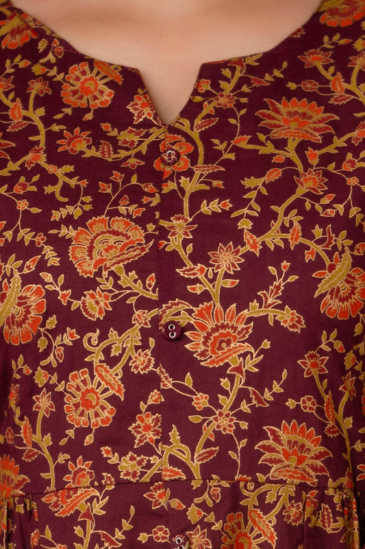 Women Burgundy Gold Printed Floral Print Tiare Dress | LASVINI - Redefining Indian Fashion with Elegance