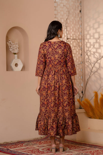 Women Burgundy Gold Printed Floral Print Tiare Dress | LASVINI - Redefining Indian Fashion with Elegance