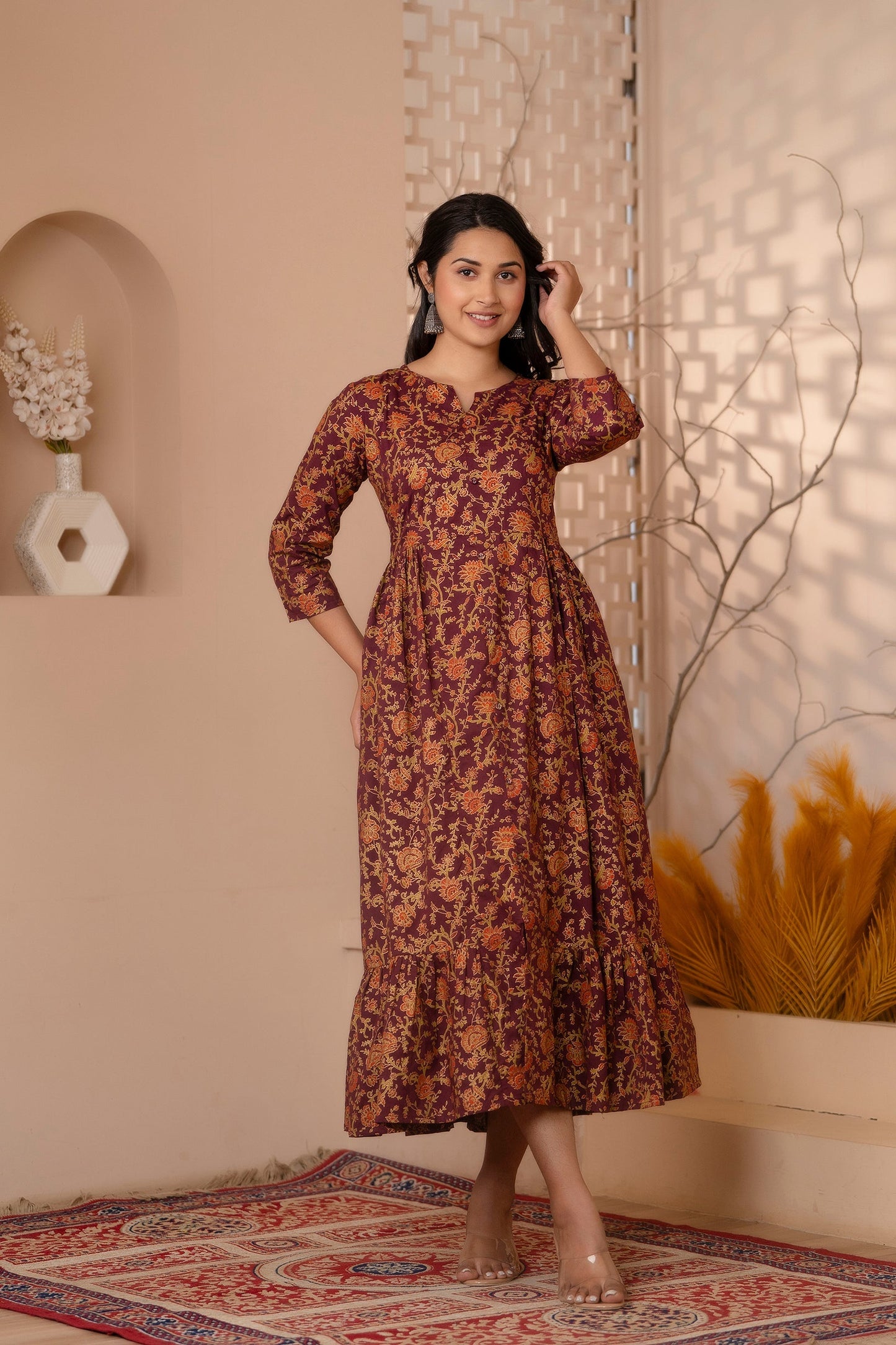 Women Burgundy Gold Printed Floral Print Tiare Dress | LASVINI - Redefining Indian Fashion with Elegance