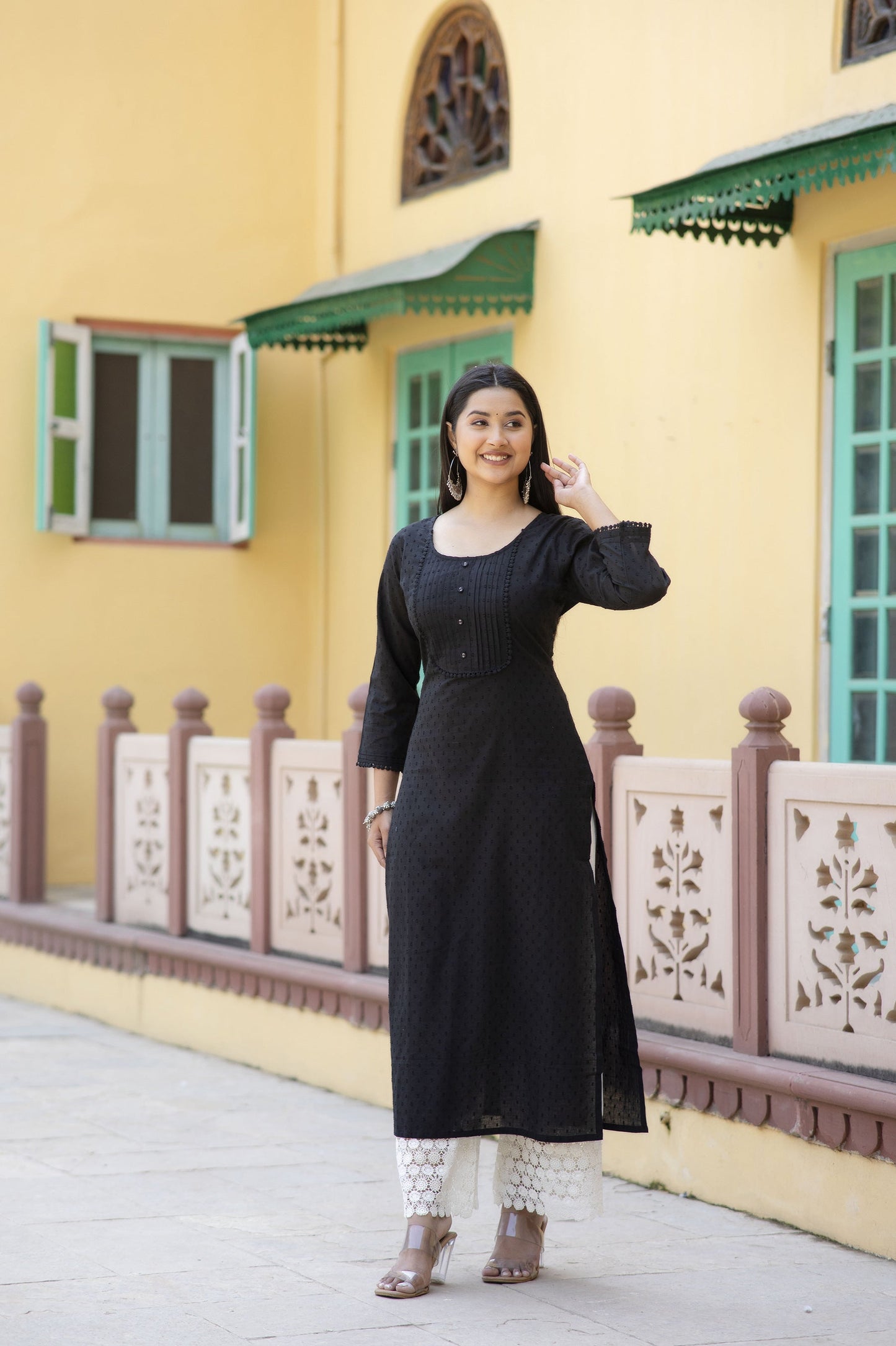 Women Black Doby Straight Kurta With Three Quarter Sleeves | LASVINI - Redefining Indian Fashion with Elegance