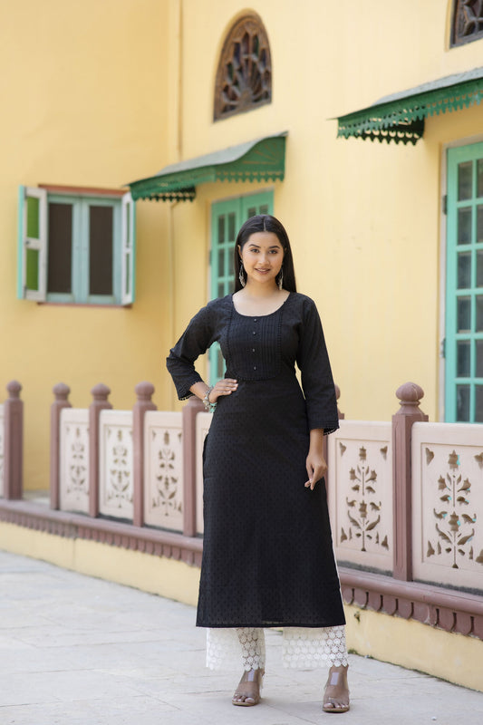 Women Black Doby Straight Kurta With Three Quarter Sleeves | LASVINI - Redefining Indian Fashion with Elegance