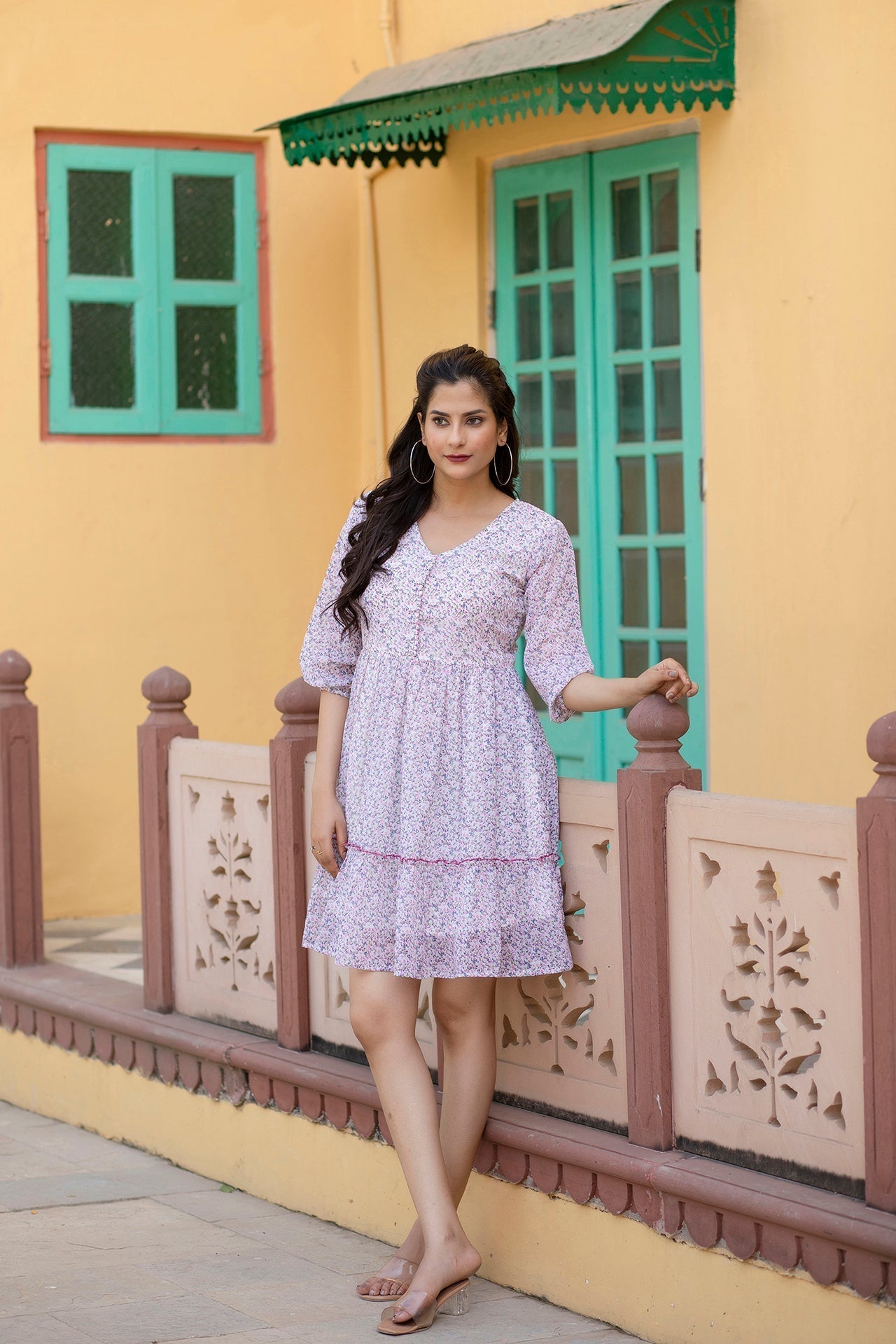 Women Off-White Printed Mini Georgette Dress | LASVINI - Redefining Indian Fashion with Elegance