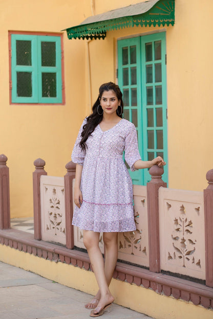 Women Off-White Printed Mini Georgette Dress | LASVINI - Redefining Indian Fashion with Elegance