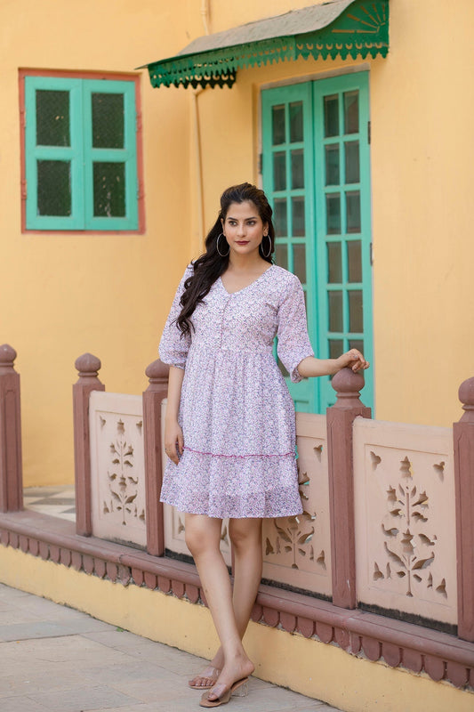 Women Off-White Printed Mini Georgette Dress | LASVINI - Redefining Indian Fashion with Elegance