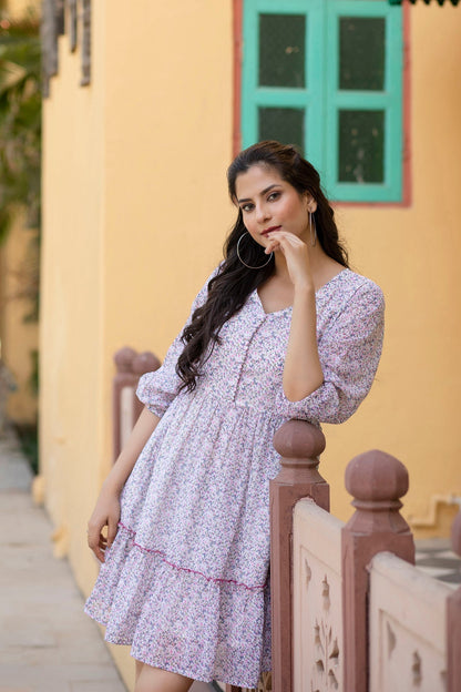 Women Off-White Printed Mini Georgette Dress | LASVINI - Redefining Indian Fashion with Elegance