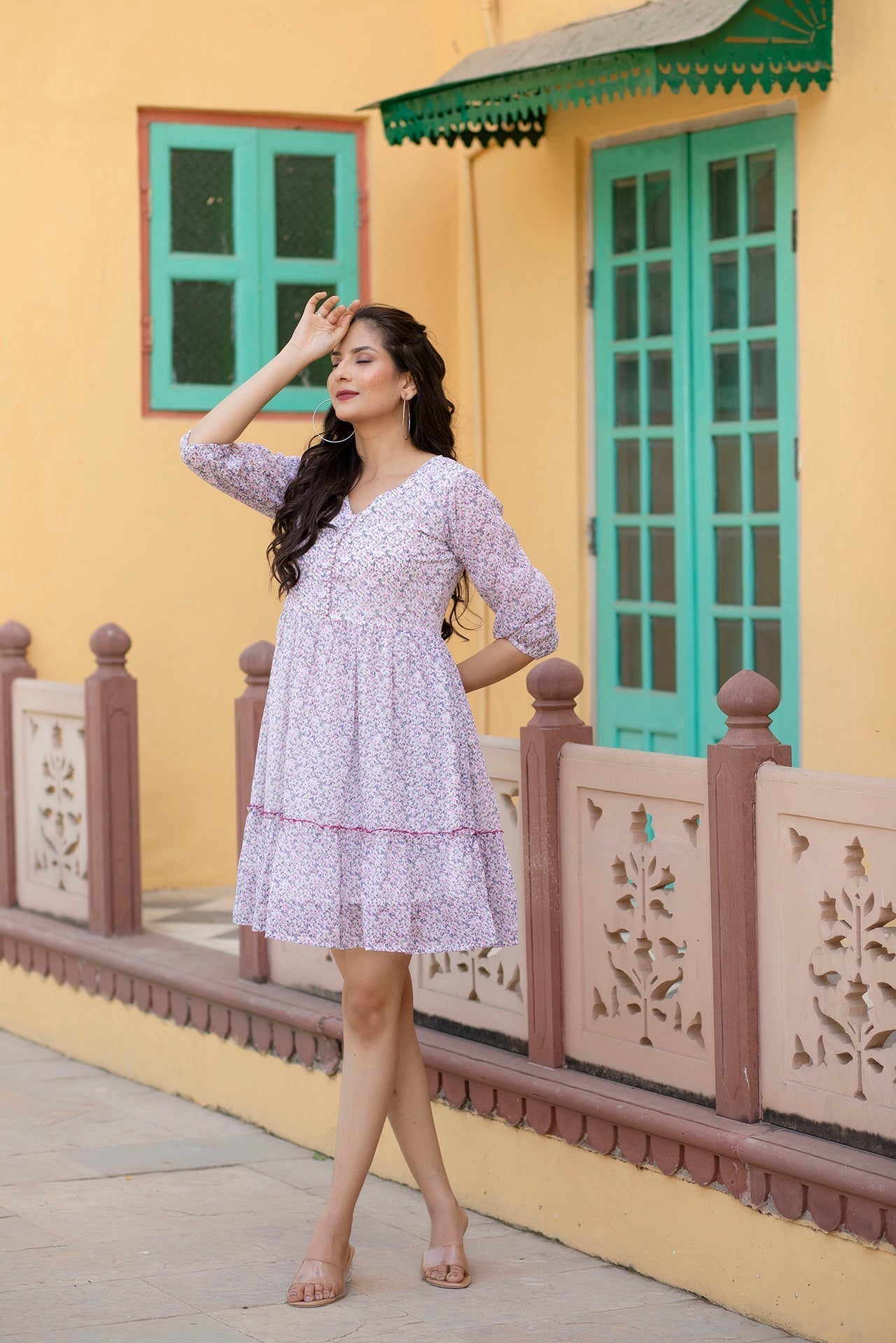 Women Off-White Printed Mini Georgette Dress | LASVINI - Redefining Indian Fashion with Elegance