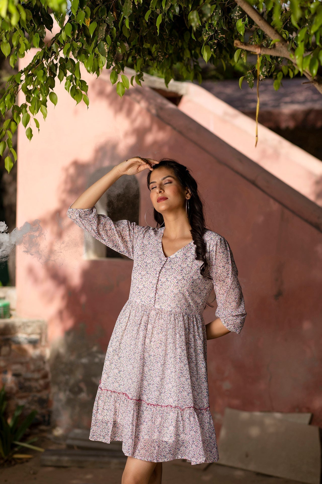 Women Off-White Printed Mini Georgette Dress | LASVINI - Redefining Indian Fashion with Elegance