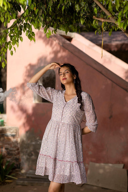 Women Off-White Printed Mini Georgette Dress | LASVINI - Redefining Indian Fashion with Elegance