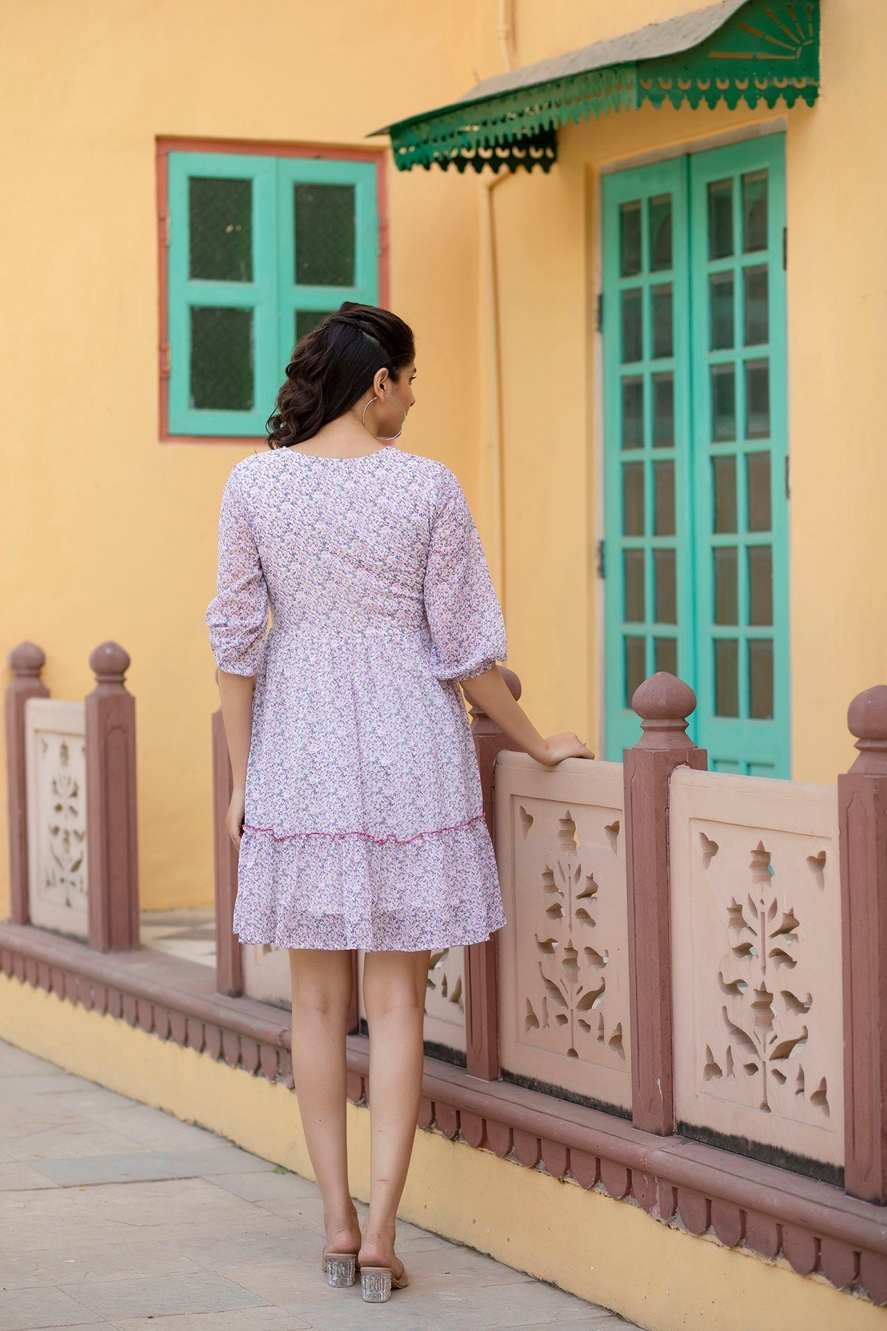 Women Off-White Printed Mini Georgette Dress | LASVINI - Redefining Indian Fashion with Elegance