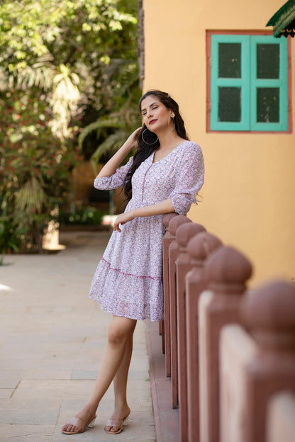 Women Off-White Printed Mini Georgette Dress | LASVINI - Redefining Indian Fashion with Elegance