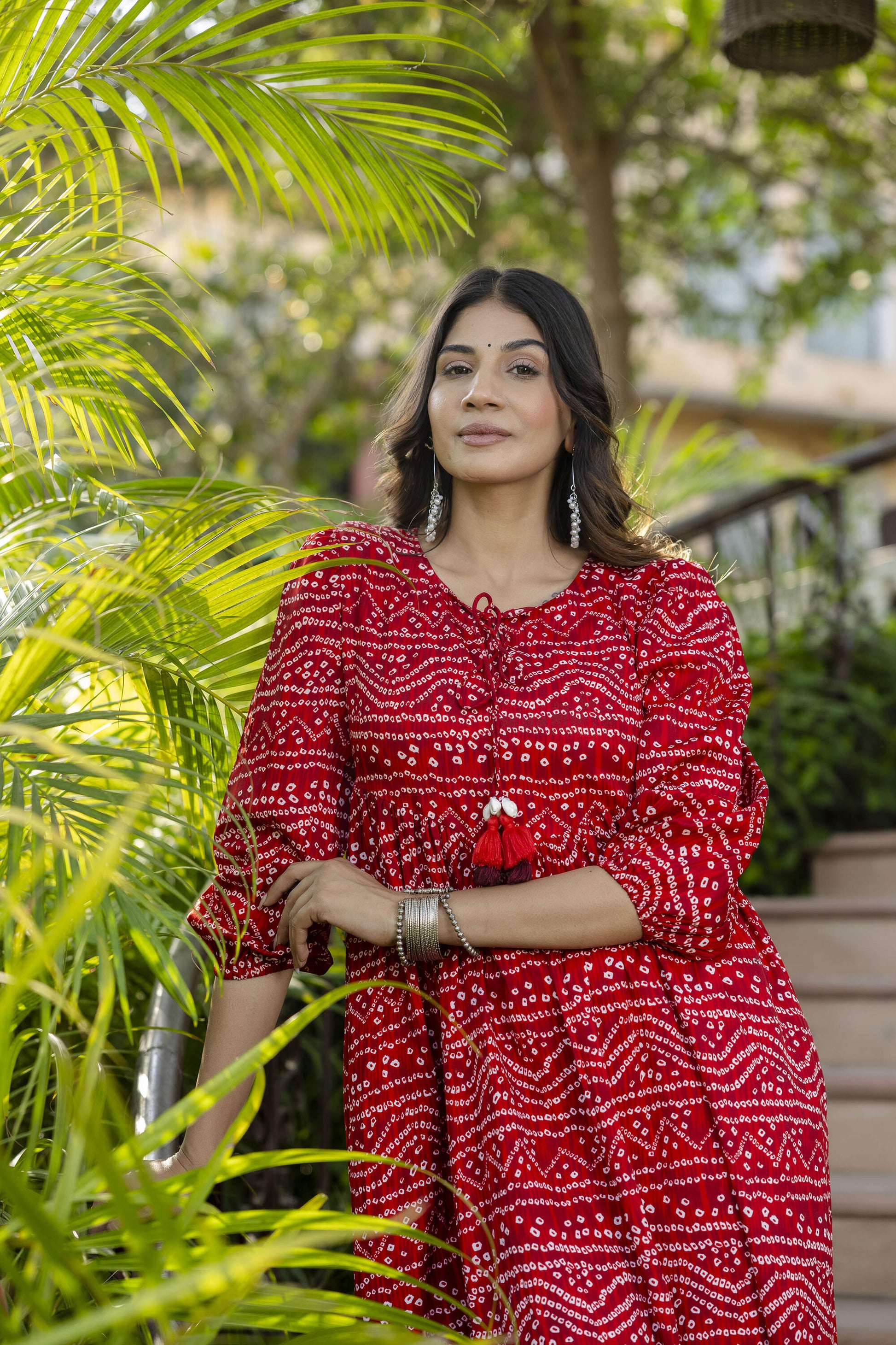 Women Red Bandhani Printed Flared Dress | LASVINI - Redefining Indian Fashion with Elegance