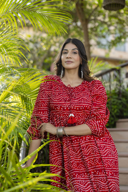 Women Red Bandhani Printed Flared Dress | LASVINI - Redefining Indian Fashion with Elegance